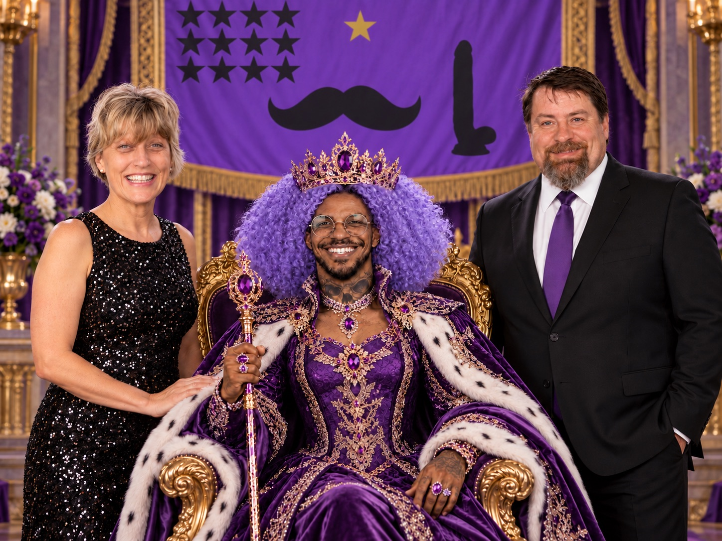 Maddytropica royal portrait with a crowned figure seated on a throne beneath the purple national flag.