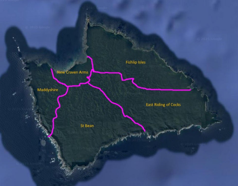 Map of Maddytropica showing New Craven Arms, Fishlip Isles, Maddyshire, St Bean, and East Riding of Cocks.
